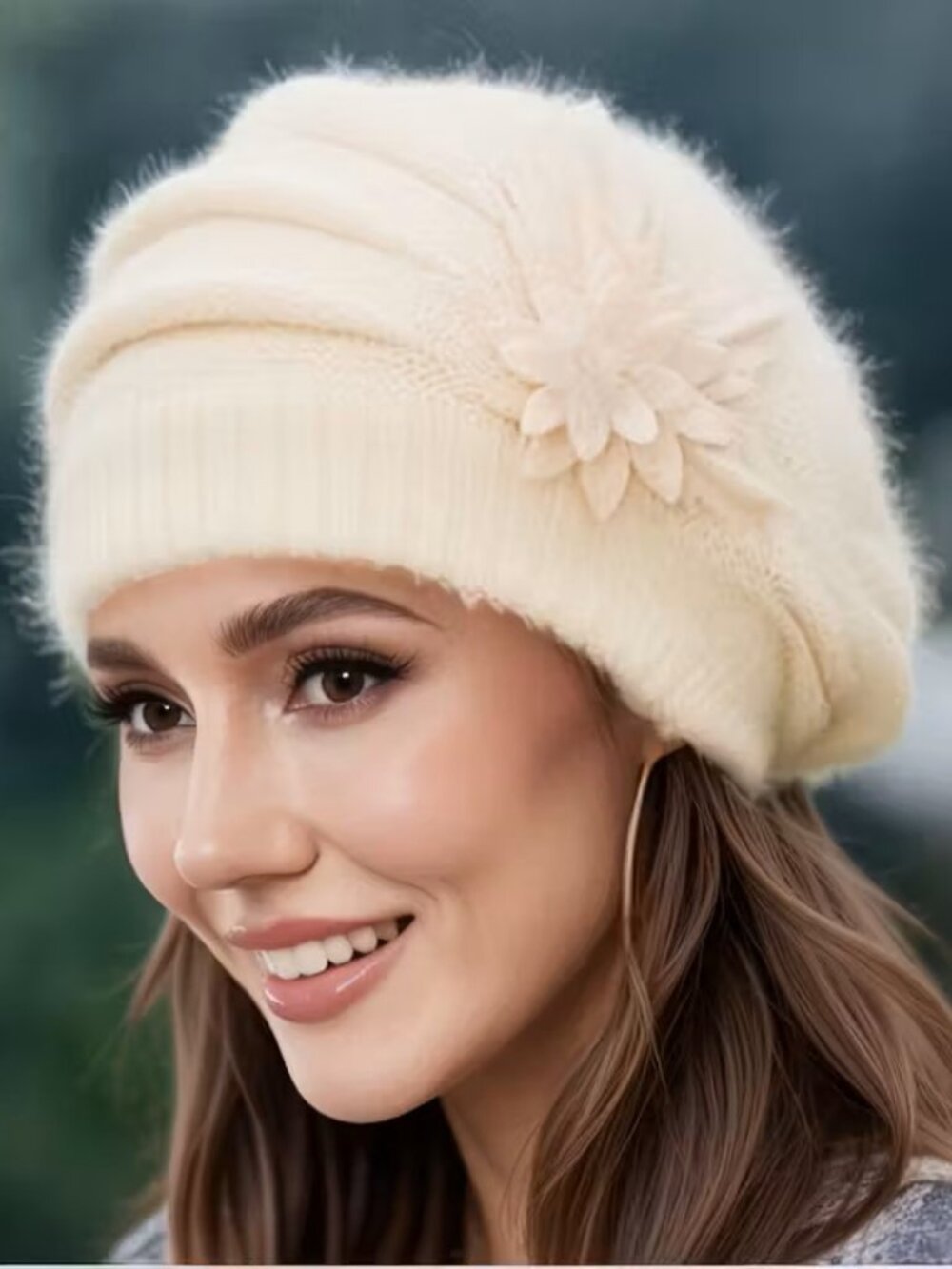 White/Beige Women's Slouchy Beanie Beret Hat Winter Lined Floral Chemo Cap Warm